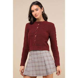 Lulus Cutout For Winter Burgundy Marled Cable Knit Cutout Sweater Red - Size XL